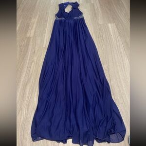 Jodi Kristopher Navy Blue Prom Gown with Beaded Waist